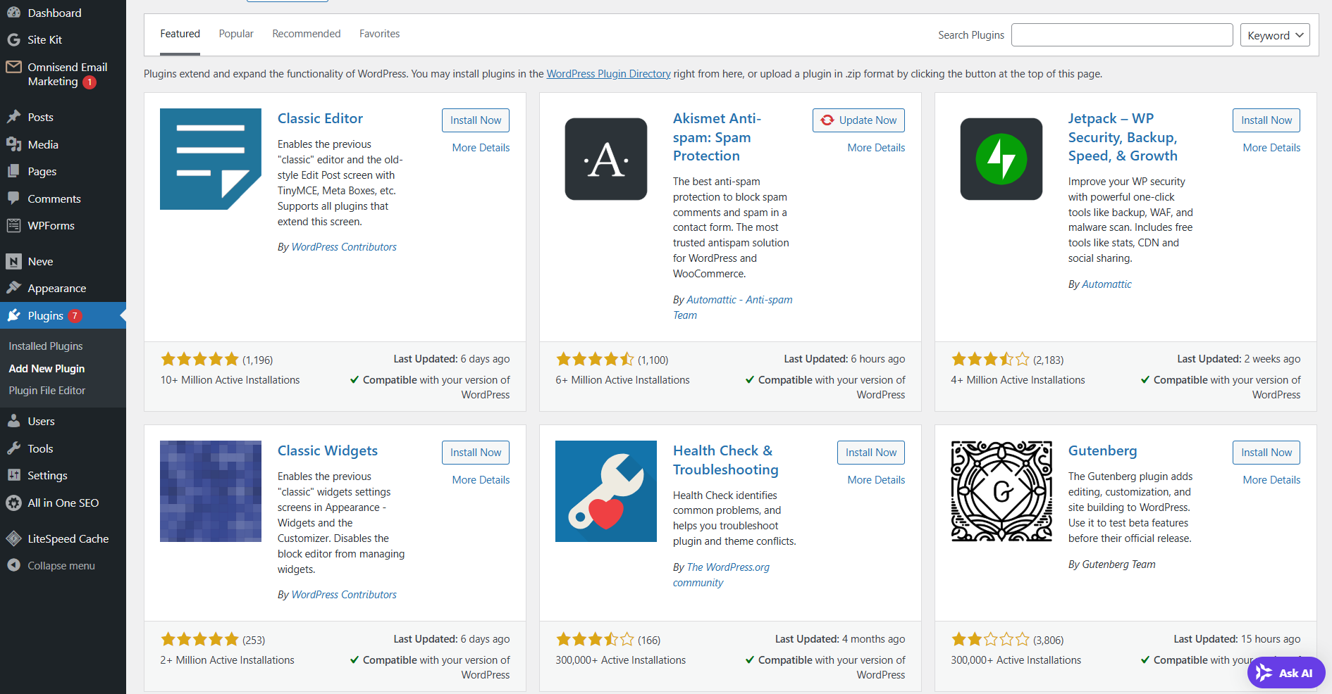 wordpress dashboard interface