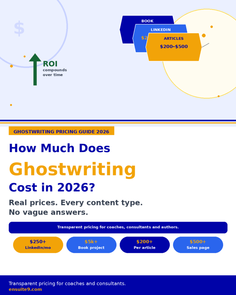 How much does ghostwriting cost in 2026 — price tags showing LinkedIn, book, article and sales copy ghostwriting rates