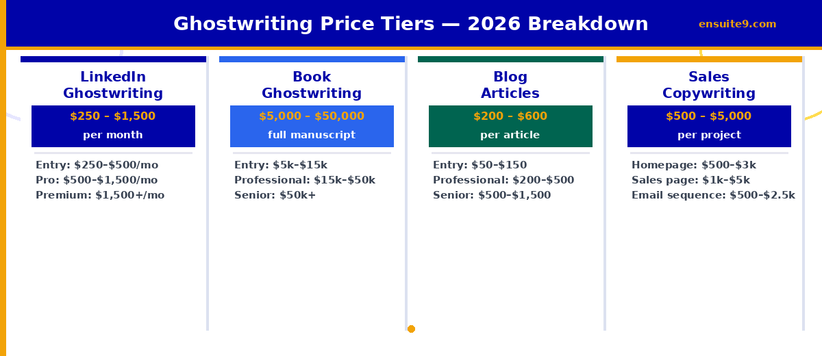 Ghostwriting price tiers 2026 — LinkedIn retainer, book manuscript, blog articles and sales copywriting rates breakdown