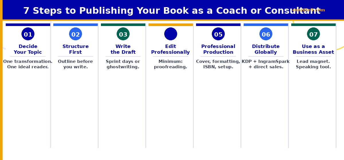7 steps to publishing a book as a coach or consultant — from topic selection through to using the book as a business asset
