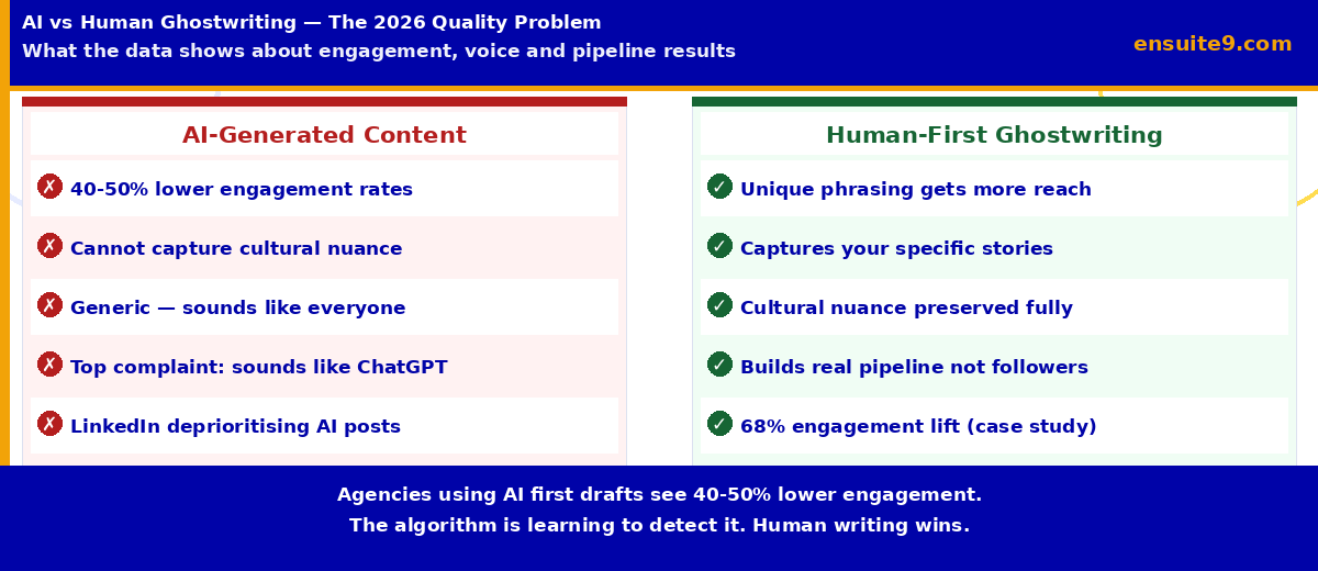 AI vs human ghostwriting 2026 — comparison showing 40-50% lower engagement for AI content versus human-first ghostwriting pipeline results